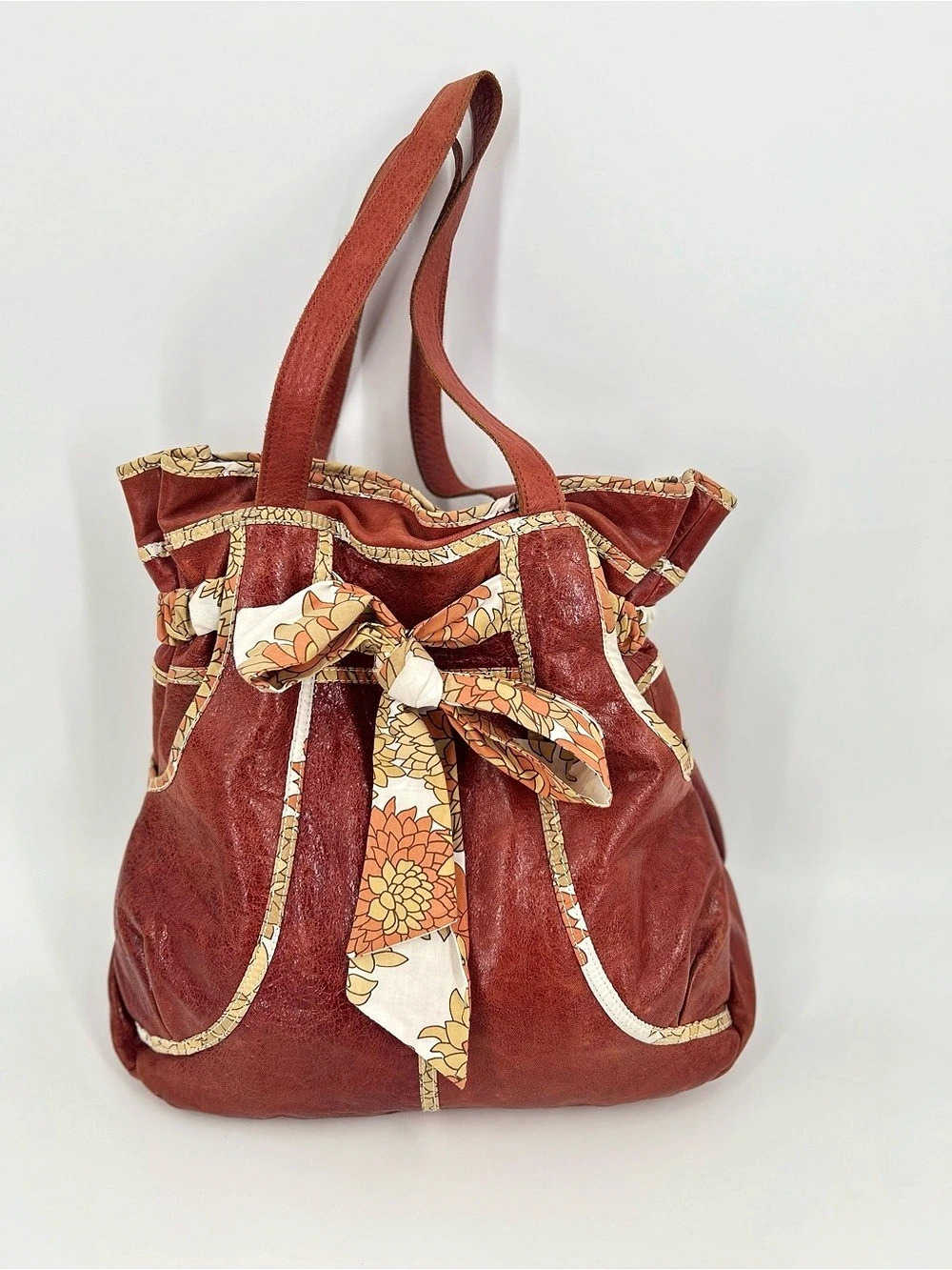 Anthropologie Lucky Penny Red Leather Scarf Bow Tote Bag - Picture 1 of 16